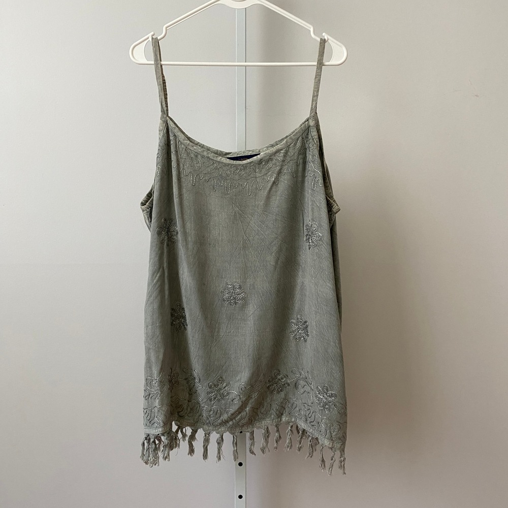 Raja Boho Beachy Embroidered Fringe Cami Tank Plus Size Sage Green